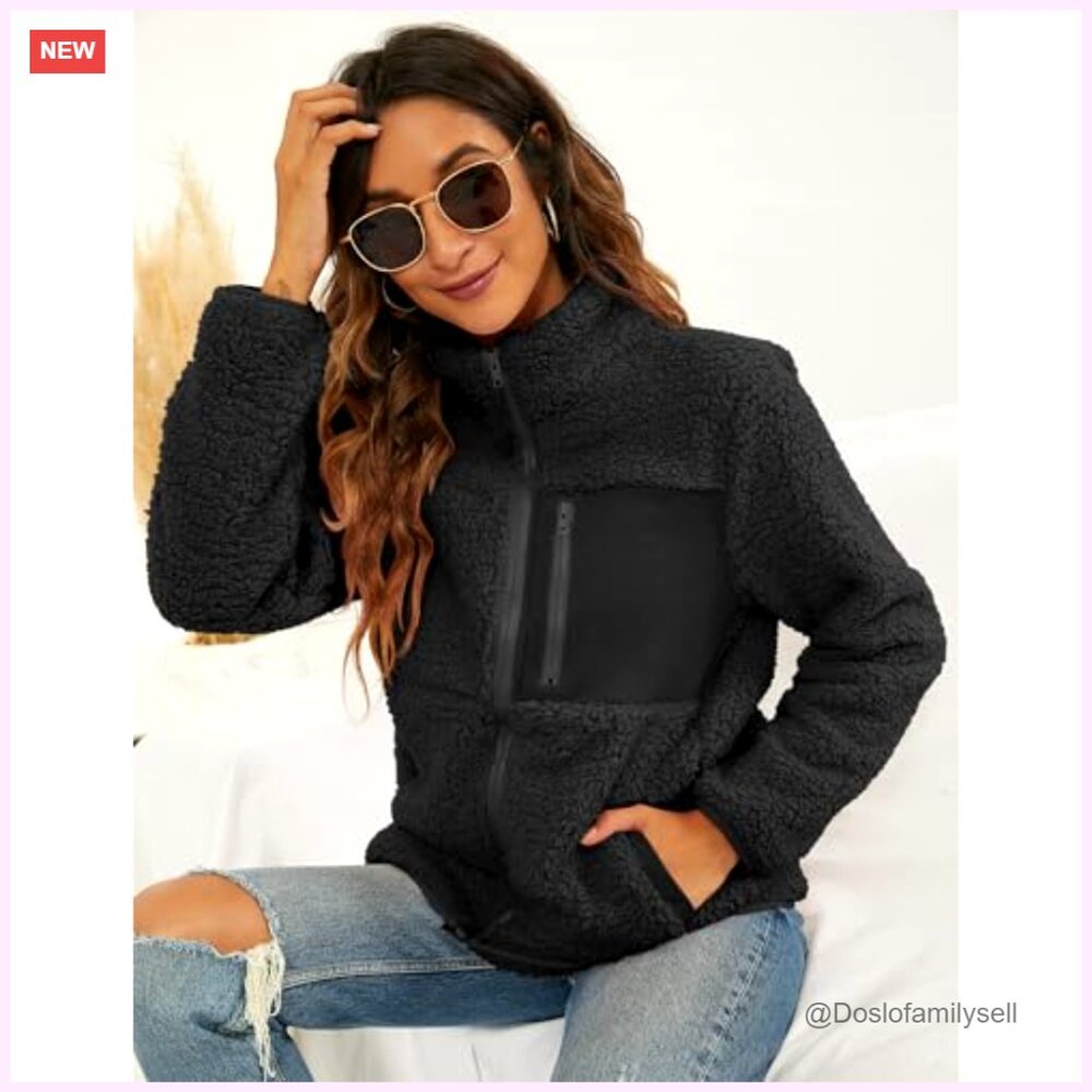 Faux Shearling Full Zip Patchwork Jacket With Poc… - image 2